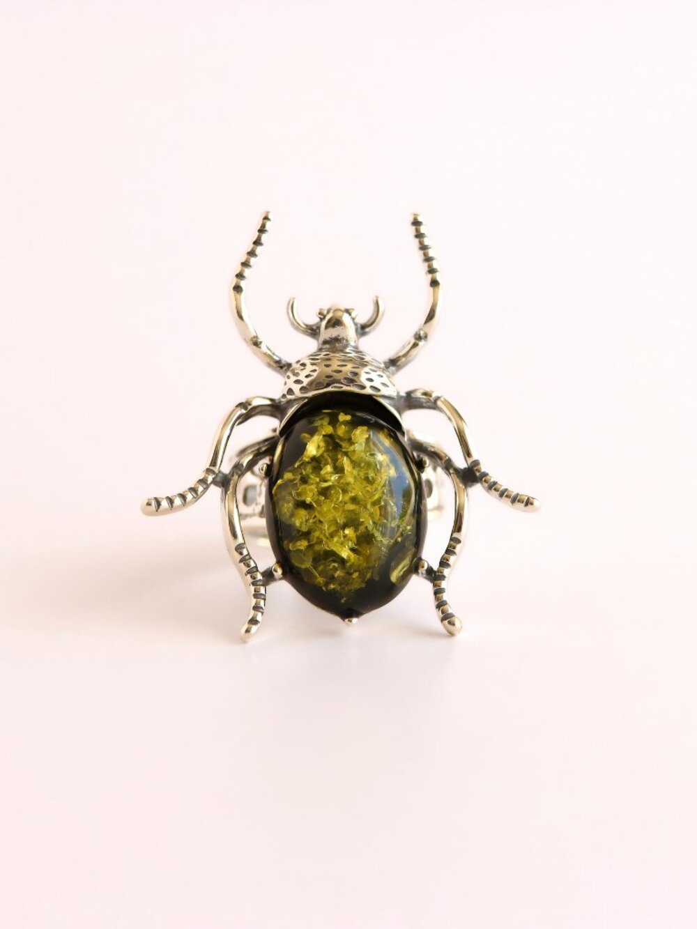 Baltic Green Amber Beetle Ring in Sterling Silver